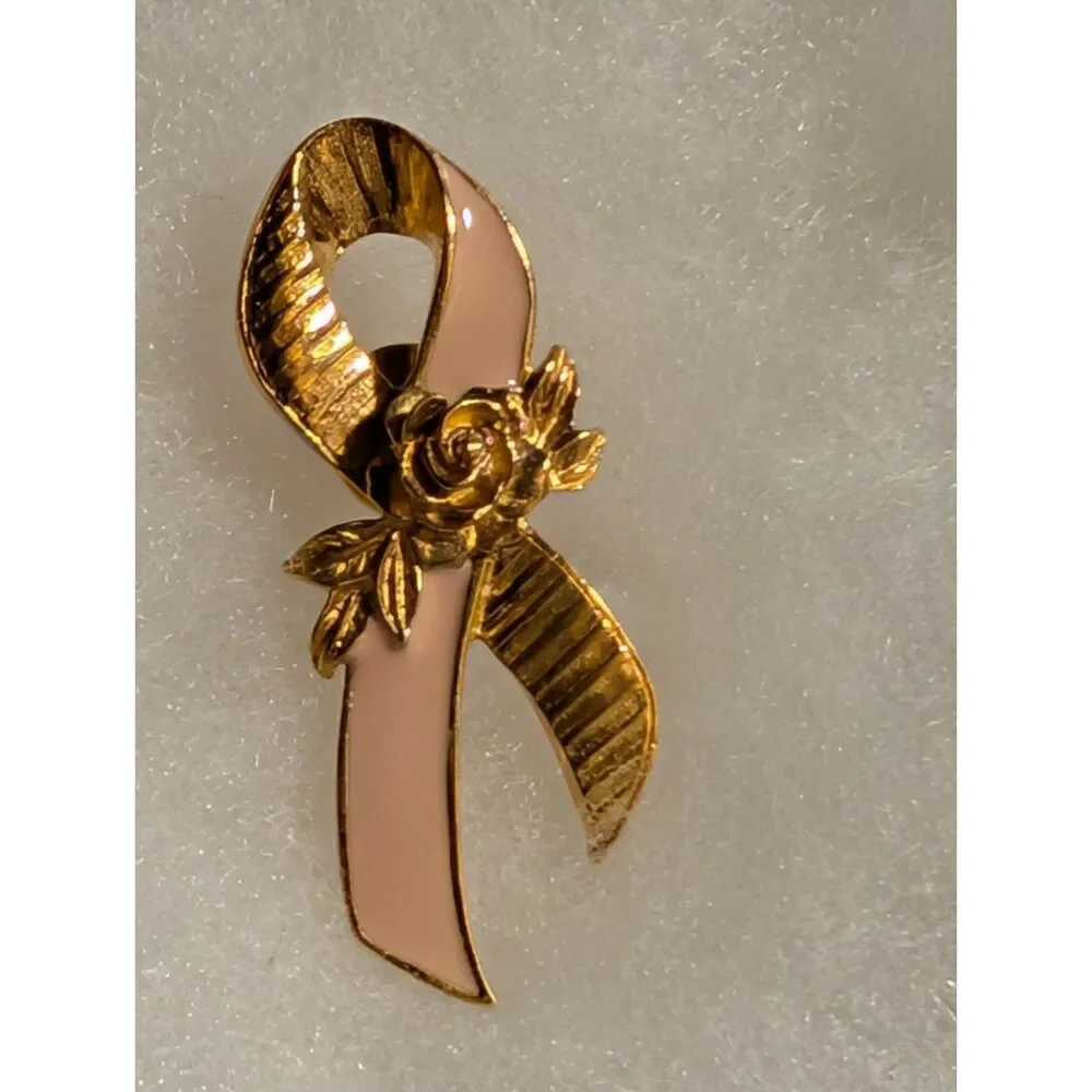 Vintage Avon Breast Cancer Pin, Pink and Gold Tone with Rose